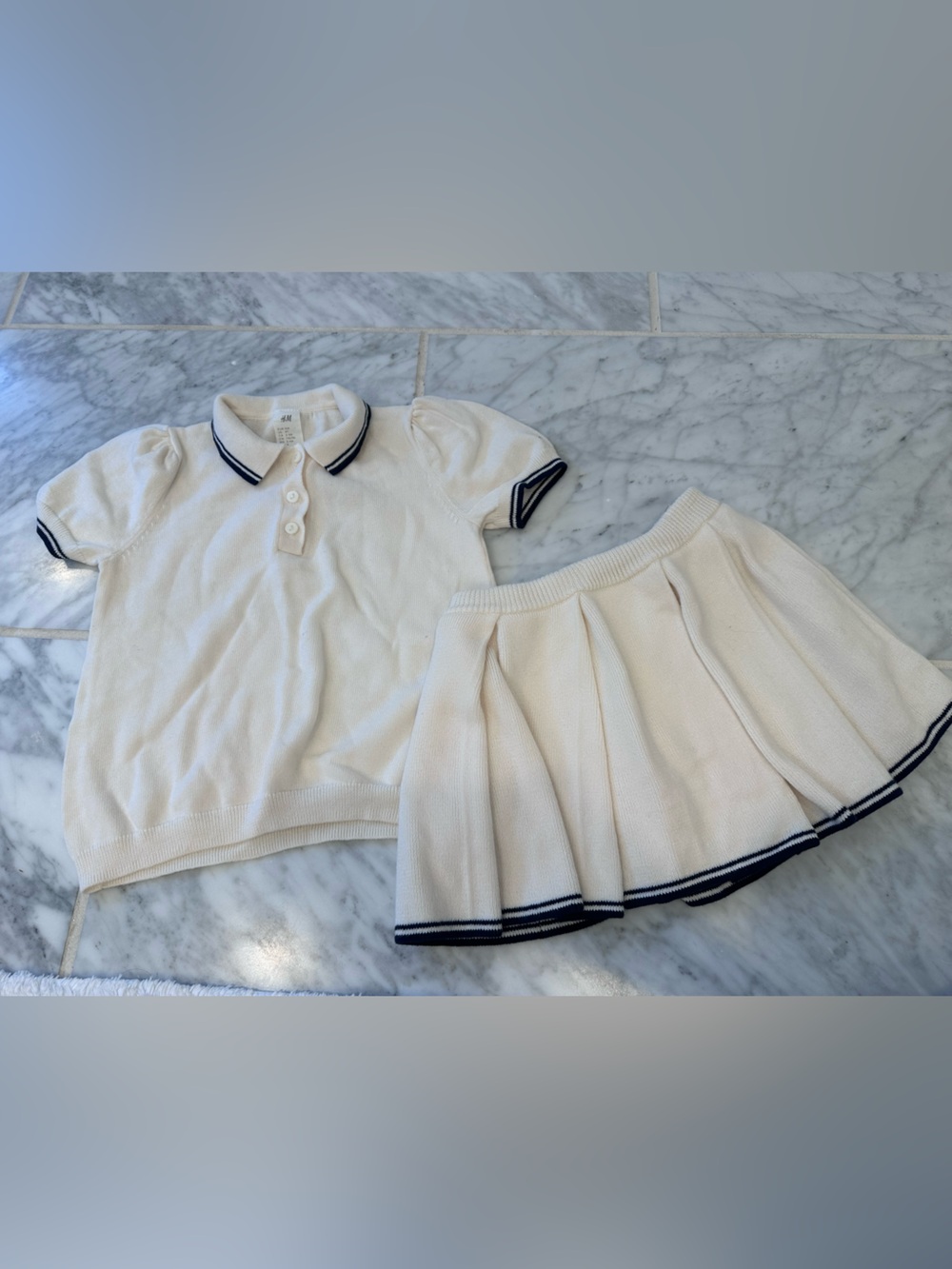 H&M Cream Knit Polo Top and Pleated Skirt with Navy Trim